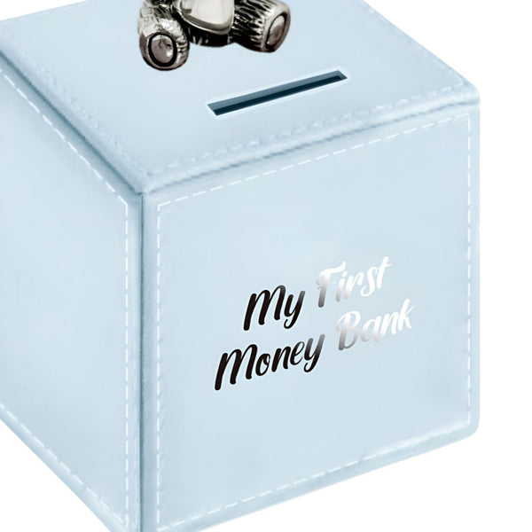 Blue Leather & Silver Teddy Bear Motif Baby Boy My First Money Bank Box