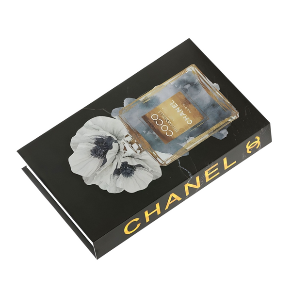 Black Coco Chanel Perfume Bottle & Flowers Designer Display Storage Book Box