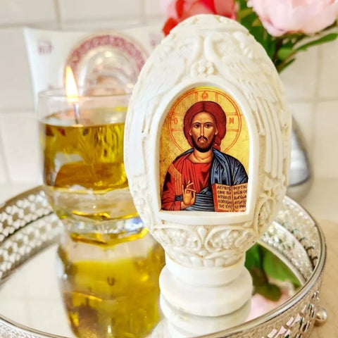 Orthodox Ivory Double Sided Holy Mother Mary & Jesus Religious Egg Ornament