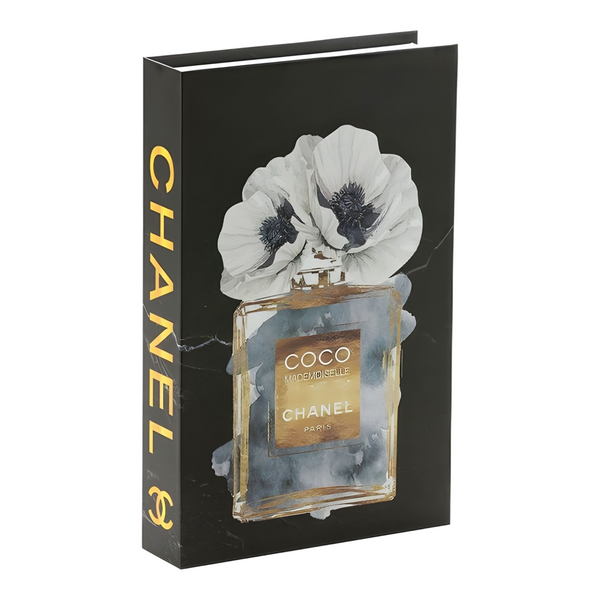 Black Coco Chanel Perfume Bottle & Flowers Designer Display Storage Book Box