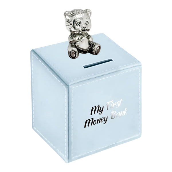 Blue Leather & Silver Teddy Bear Motif Baby Boy My First Money Bank Box
