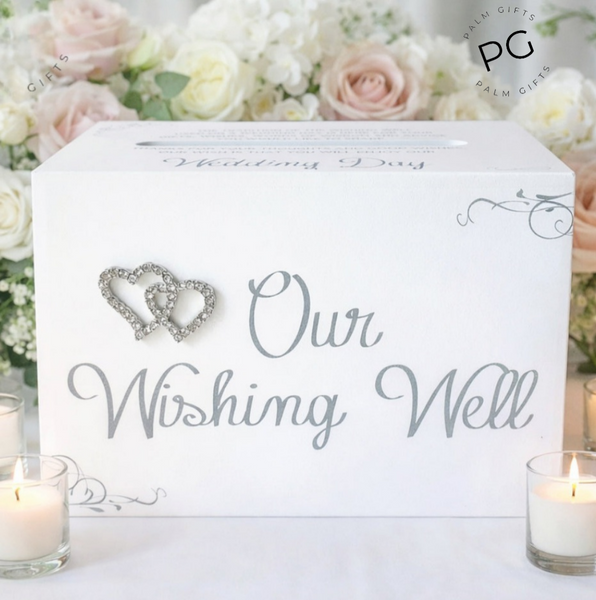 White Wooden Rectangle Double Binding Crystal Diamante Love Hearts Wedding Wishing Well Box