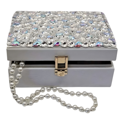 Rectangle Jewellery Box & Sparkling Glass Crystal Rhinestone Gems on Lid