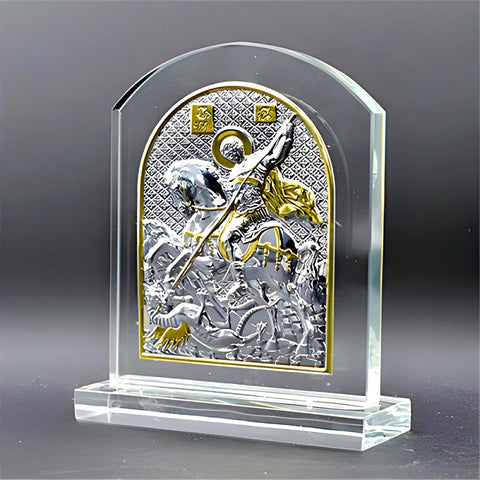 Orthodox Gold & Silver Plated Saint George Glass Icon Plaque Stand