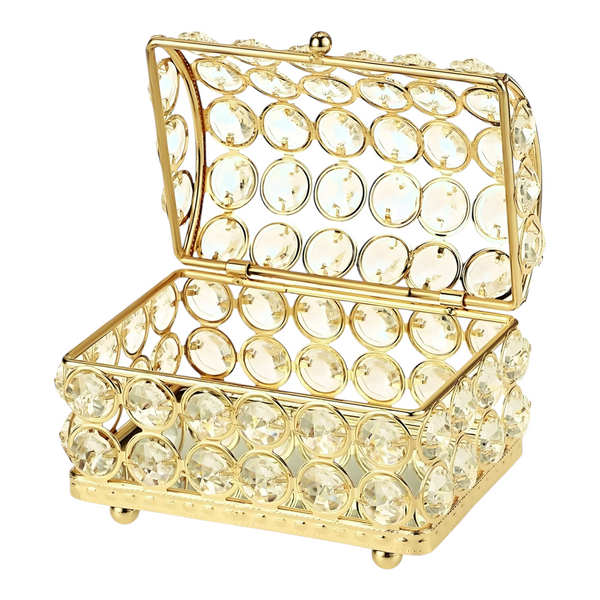Gold Treasure Chest Jewellery Box & Sparkling Bevelled Glass Crystal Jewels