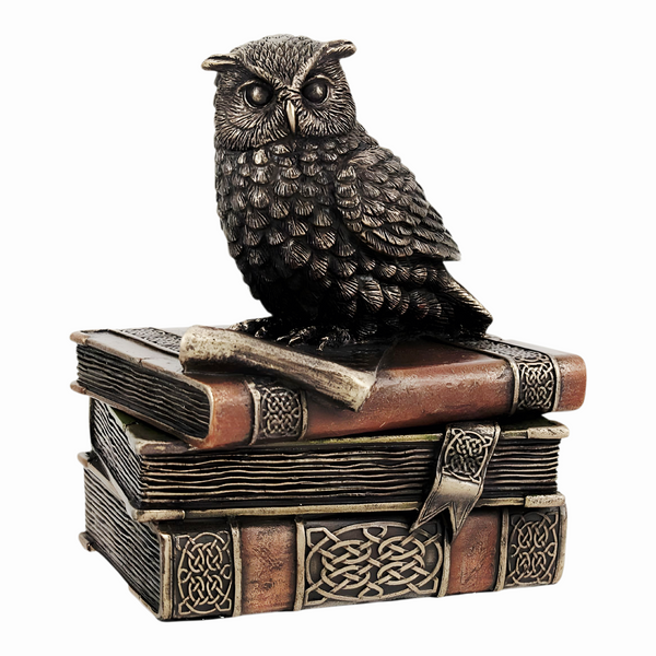 Veronese Bronze Scholar Wise Owl On Books Resin Trinket Box Figurine