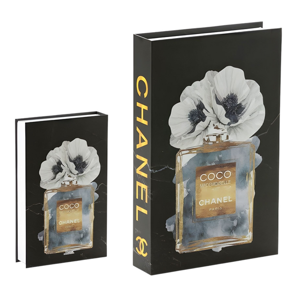 Black Coco Chanel Perfume Bottle & Flowers Designer Display Storage Book Box