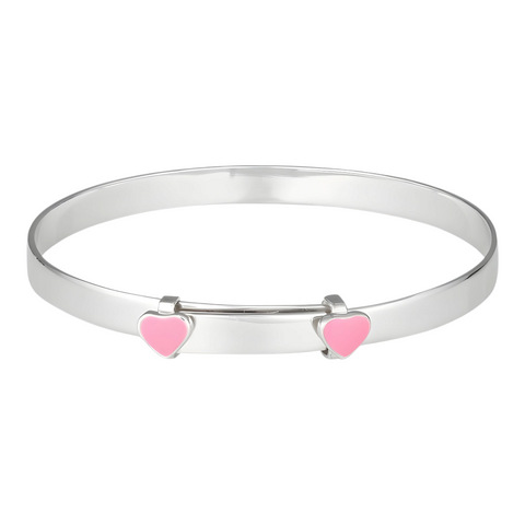 Rhodium Plated Sterling Silver Baby Bangle & Pink Love Hearts