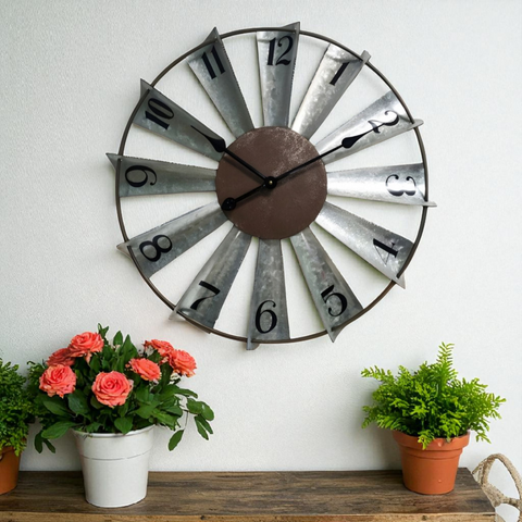 Large Galvanised Metal Windmill Wall Clock