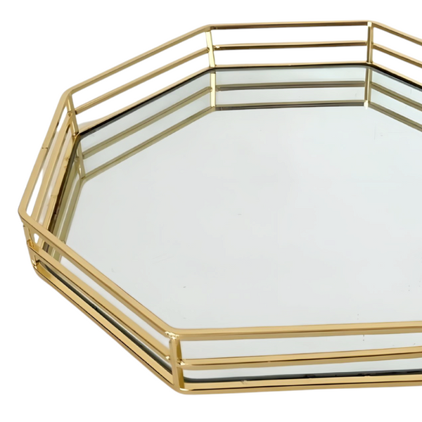 Gold Plated Octagon Decorative Deluxe Mirror Tray