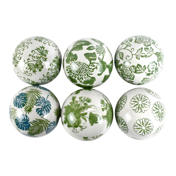 Set 6 Green & White Floral Ceramic Decorative Tabletop Balls