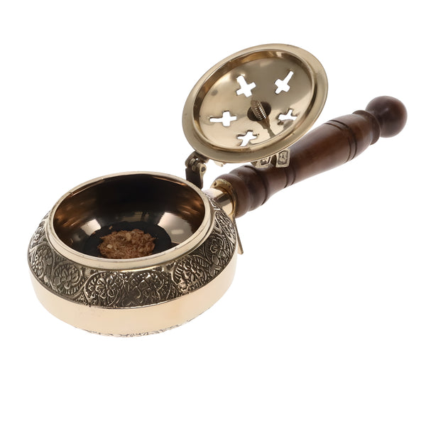Orthodox Brass Metal Religious Incense Burner With Cross Top & Wooden Handle