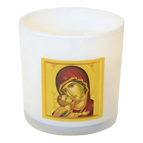 Orthodox Holy Mother Mary & Jesus Icon Candle In White Glass Cup