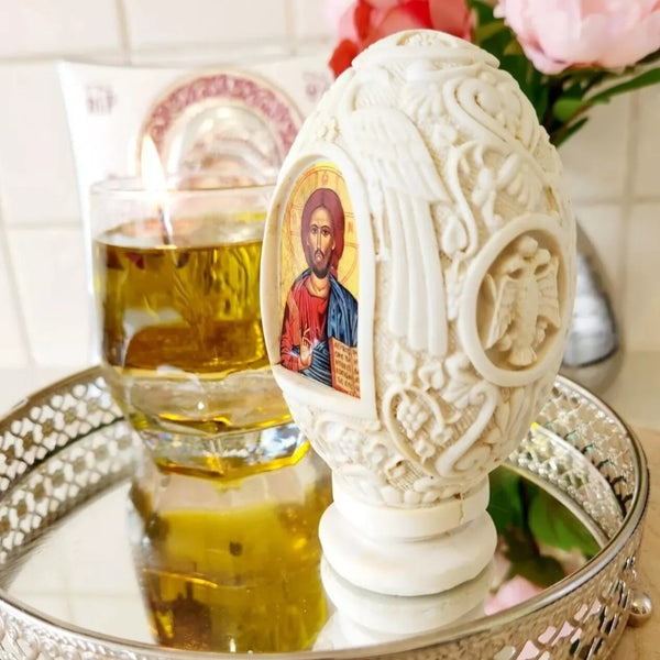 Orthodox Ivory Double Sided Holy Mother Mary & Jesus Religious Egg Ornament