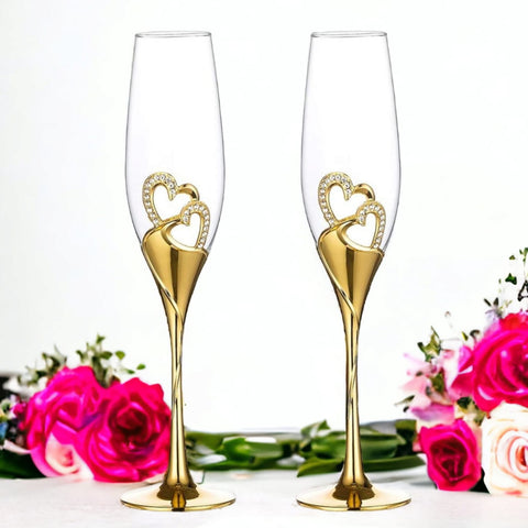 Set 2 Gold Champagne Glass Flutes & Binding Crystal Diamante Double Hearts