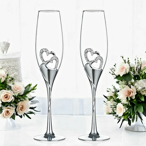 Set 2 Silver Champagne Glass Flutes & Binding Crystal Diamante Double Hearts