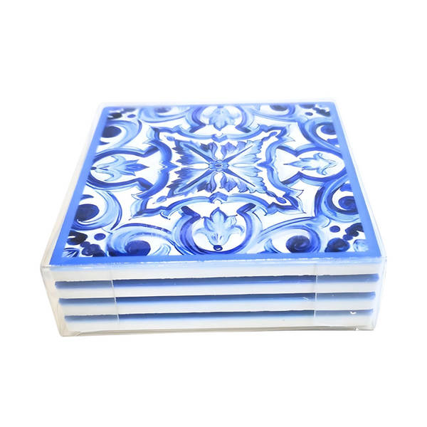 Set 4 Square Blue & White Ceramic Coasters In Box- Flowers