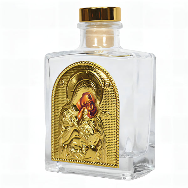 Orthodox Holy Mother Mary Icon Glass Bottle with Gold Lid