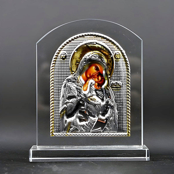 Orthodox Gold & Silver Plated Holy Mother Mary & Jesus Glass Icon Plaque Stand