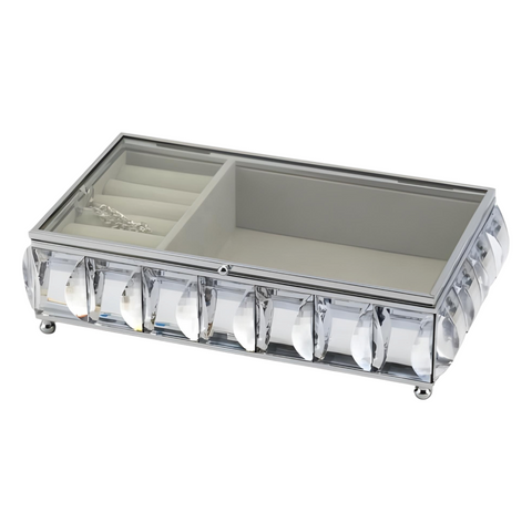 Silver Framed Rectangle Jewellery Box & Sparkling Bevelled Glass Crystal Jewels