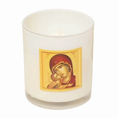 Orthodox Holy Mother Mary & Jesus Icon Candle In White Glass Cup