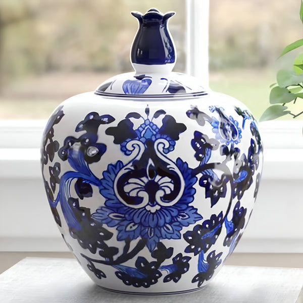Hamptons Blue & White Floral Ceramic Decorative Ginger Temple Jar