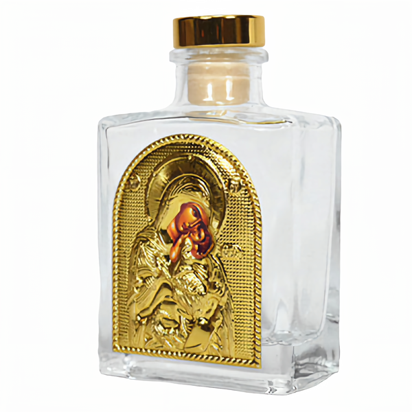 Orthodox Holy Mother Mary Glass Bottle with Gold Lid