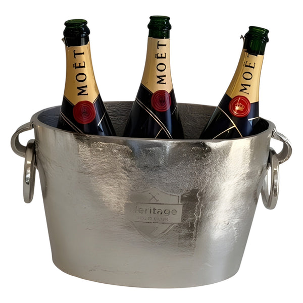 Antique Silver Oval Heritage Polo Champagne Ice Cooler Bucket & Ring Handles