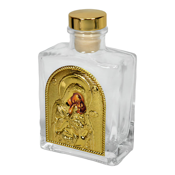Orthodox Holy Mother Mary Icon Glass Bottle with Gold Lid