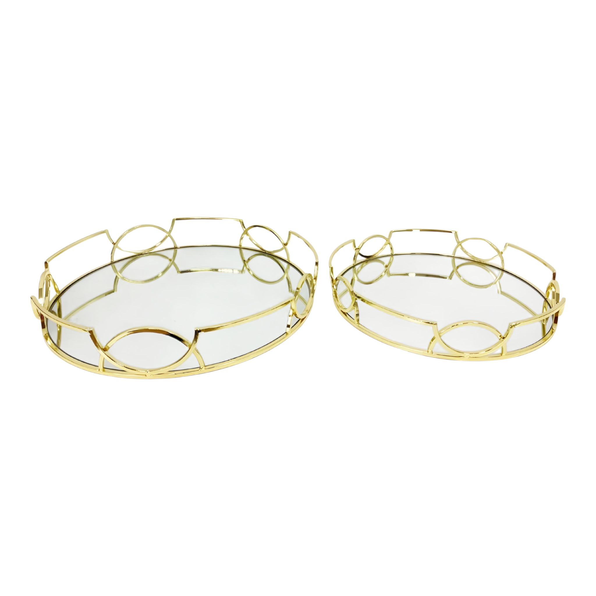 Set 2 Gold Plated Round Decorative Deluxe Mirror Trays