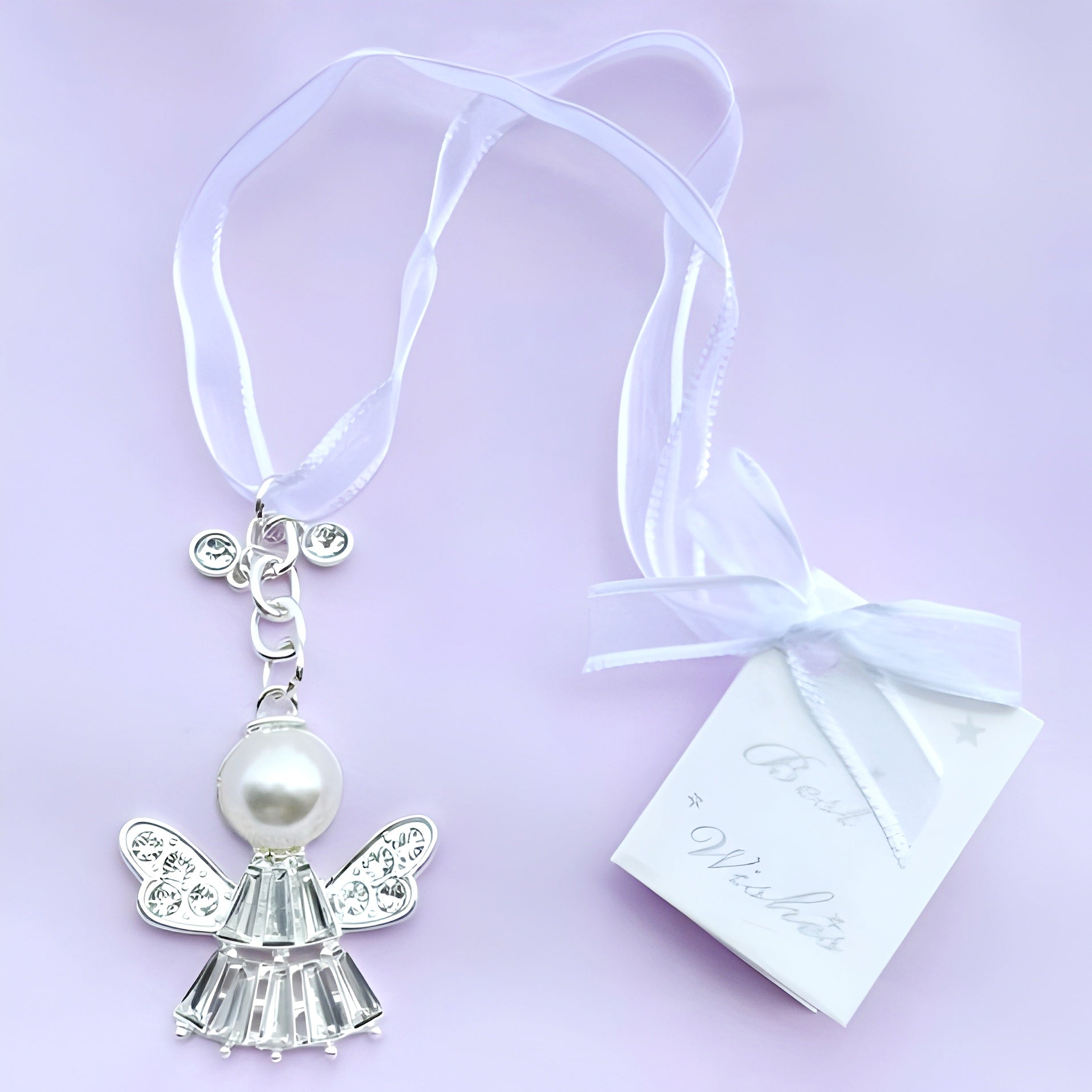 Silver Guardian Angel with Crystal Diamantes & Pearl Wedding Bridal Good Luck Charm