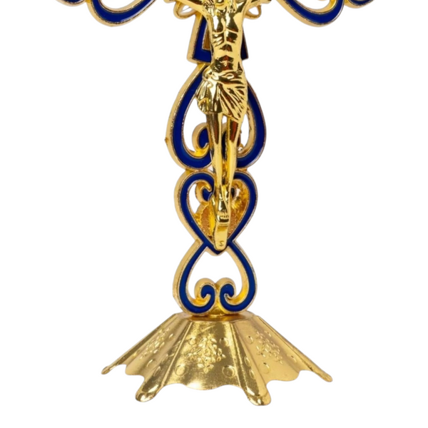 Blue & Gold Chrome Plated Standing Religious Crucifix Cross
