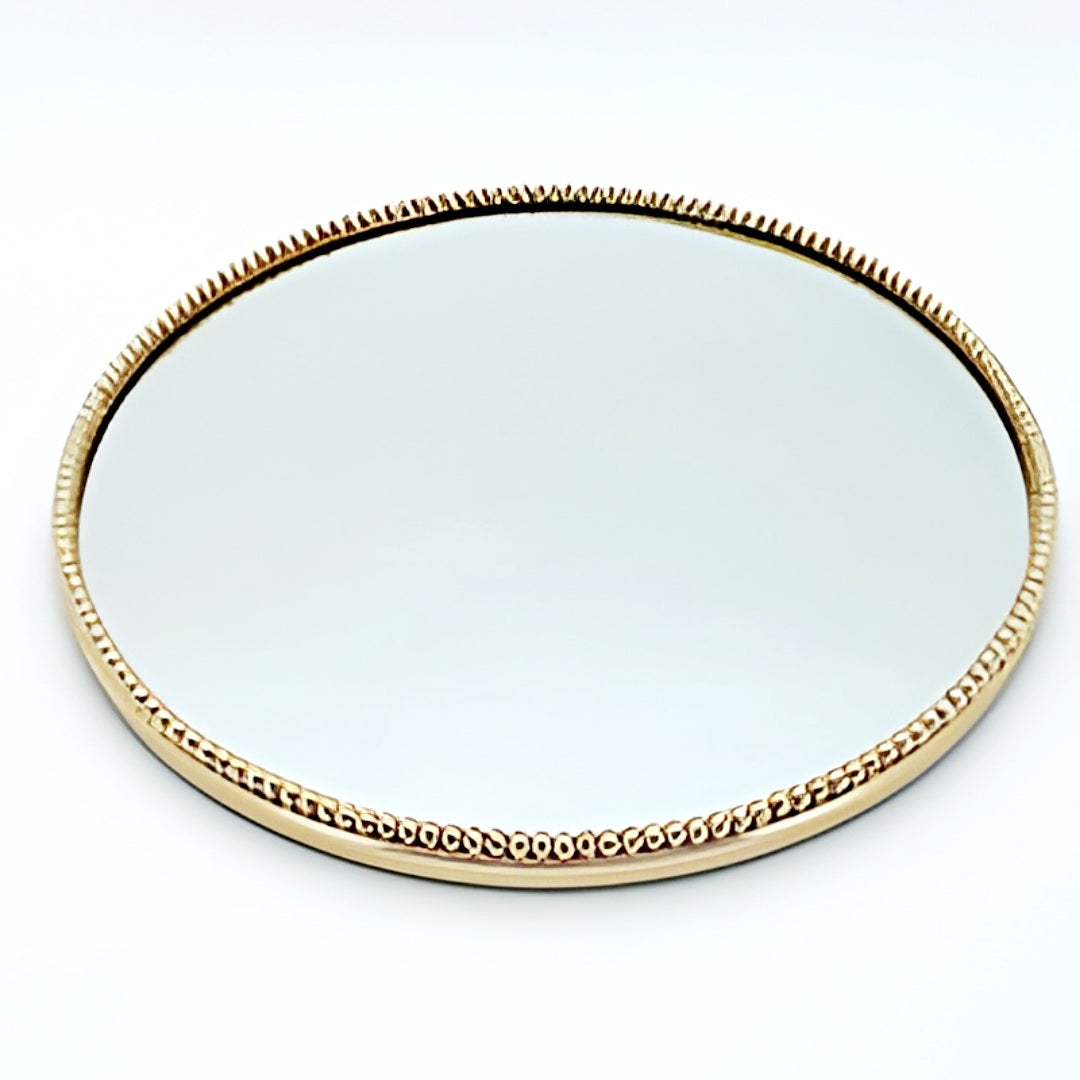 Large Gold Plated Round Mirror Tray & Beaded Edge Frame- 42cm