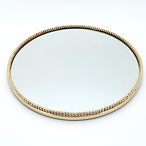 Large Gold Plated Round Mirror Tray & Beaded Edge Frame- 42cm