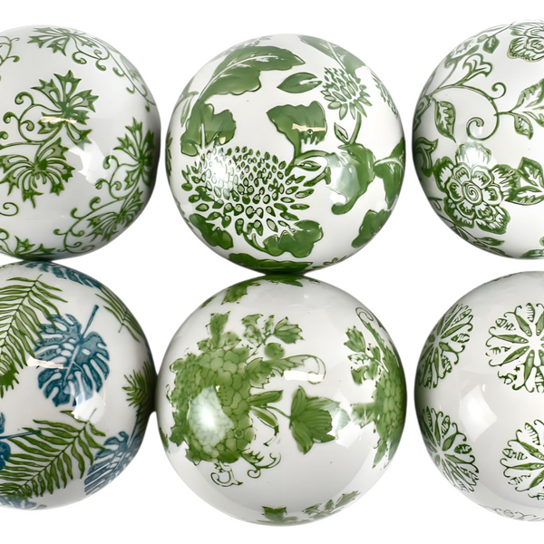 Set 6 Green & White Floral Ceramic Decorative Tabletop Balls