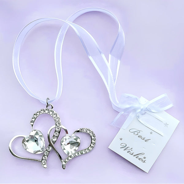 Silver Double Binding Love Hearts with Crystal Diamantes & Gems Wedding Bridal Good Luck Charm