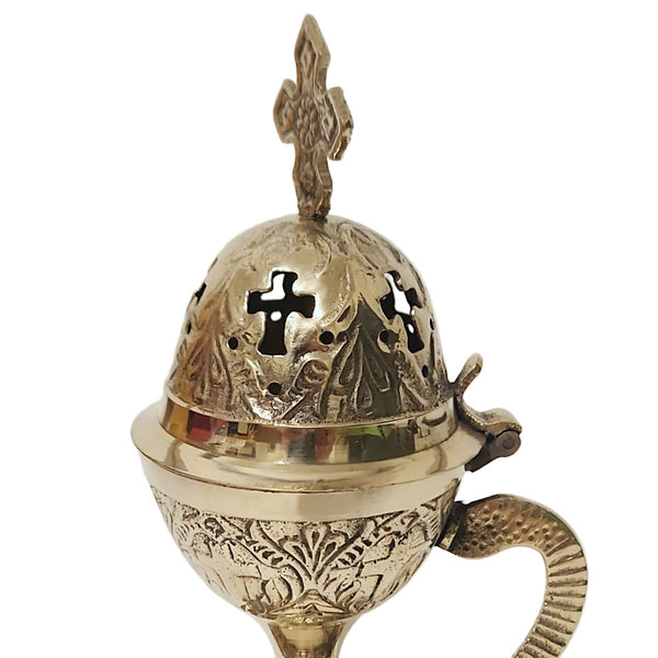 Orthodox Brass Metal Religious Incense Burner With Cross Top & Handle