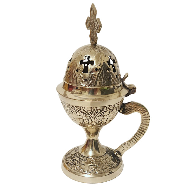 Orthodox Brass Metal Religious Incense Burner With Cross Top & Handle