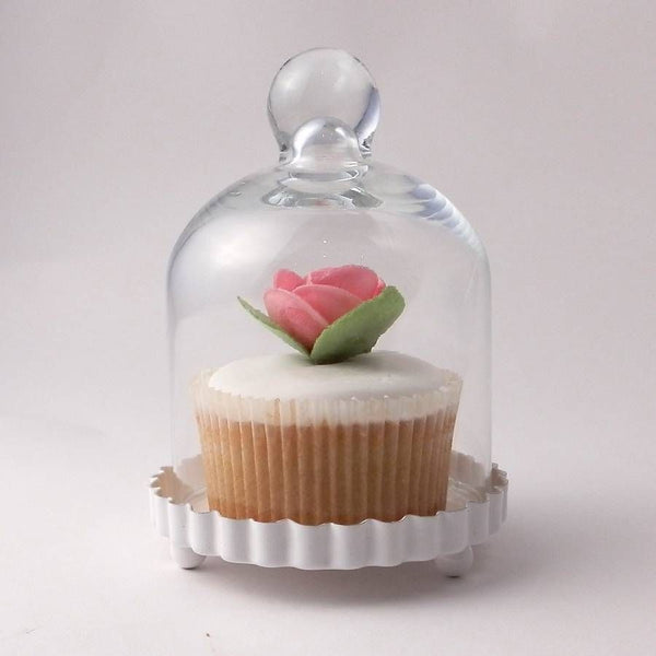 Mini Clear Small Dome Cloche Glass Bell Jar with White Fluted Base Wedding Bomboniere Favour Cupcake Holder Guests