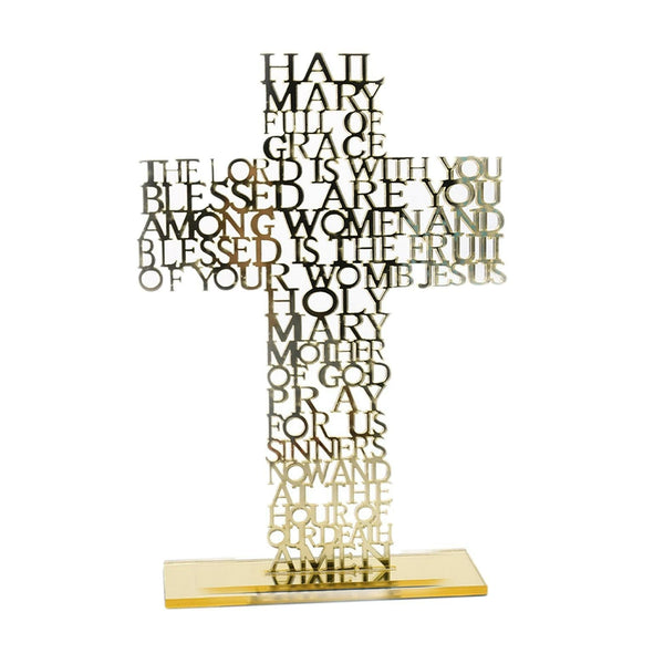 Gold Hail Mary Laser Cut Mirror Finish Acrylic Cross on Rectangle Base Stand religious laser cut writing prayer ornament plaque standing cross