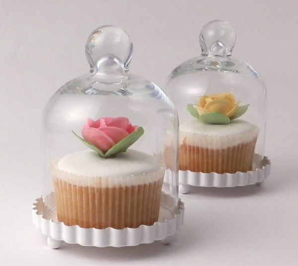 Mini Clear Glass Bell Wedding Favour Cupcake Candle Jar Holder with Cloche Dome Lid on White Fluted Base Gift Bomboniere Christening Baptism Party Events Candle Making Display Stand Dessert Macaroons