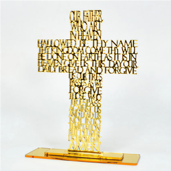 Gold Our Father The Lords Prayer Laser Cut Mirror Finish Acrylic Cross on Rectangle Base Stand religious laser cut writing prayer ornament plaque standing cross