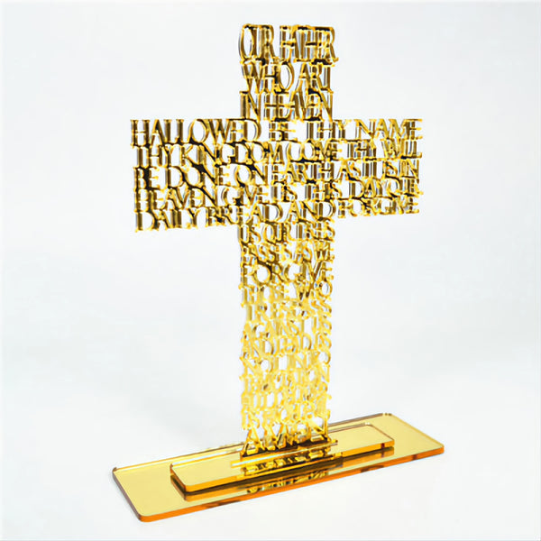 Gold Our Father The Lords Prayer Laser Cut Mirror Finish Acrylic Cross on Rectangle Base Stand religious laser cut writing prayer ornament plaque standing cross