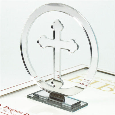 ACRYLIC MIRROR FINISH ROUND SILVER CUT RELIGIOUS  ORTHODOX STANDING CROSS ON STAND