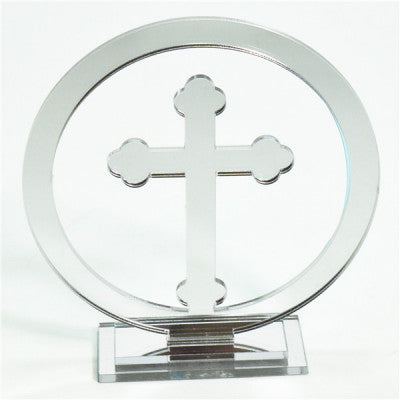 ACRYLIC MIRROR FINISH ROUND SILVER CUT RELIGIOUS  ORTHODOX STANDING CROSS ON STAND