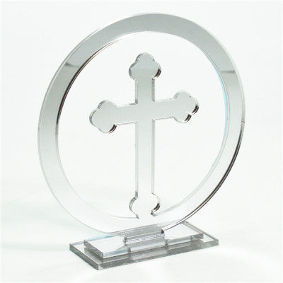 ACRYLIC MIRROR FINISH ROUND SILVER CUT RELIGIOUS  ORTHODOX STANDING CROSS ON STAND