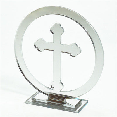 ACRYLIC MIRROR FINISH ROUND SILVER CUT RELIGIOUS  ORTHODOX STANDING CROSS ON STAND