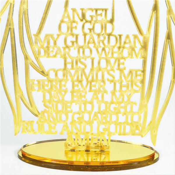 Gold Acrylic Laser Cut Guardian Angel Prayer on Mirror Base Stand