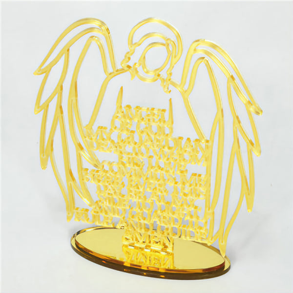 Gold Acrylic Laser Cut Guardian Angel Prayer on Mirror Base Stand