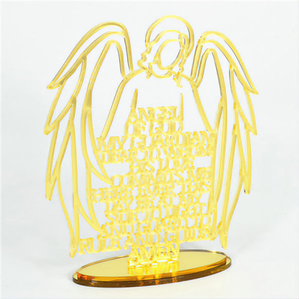 Gold Acrylic Laser Cut Guardian Angel Prayer on Mirror Base Stand